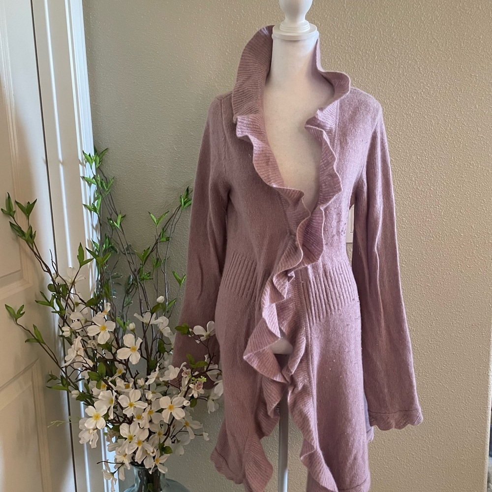 Cynthia Rowley Lavender Wool Ruffle Long Cardigan - Size L